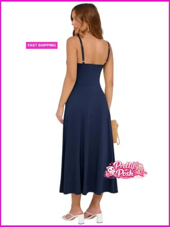 Corset Midi Dress with Adjustable Spaghetti Straps and Lace-Up Front - Picture 2 of 6